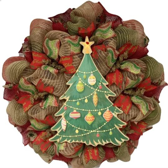 Burlap Deco Mesh Christmas Tree Wreath Handmade. Available in 24 inch and 28 inch diameters