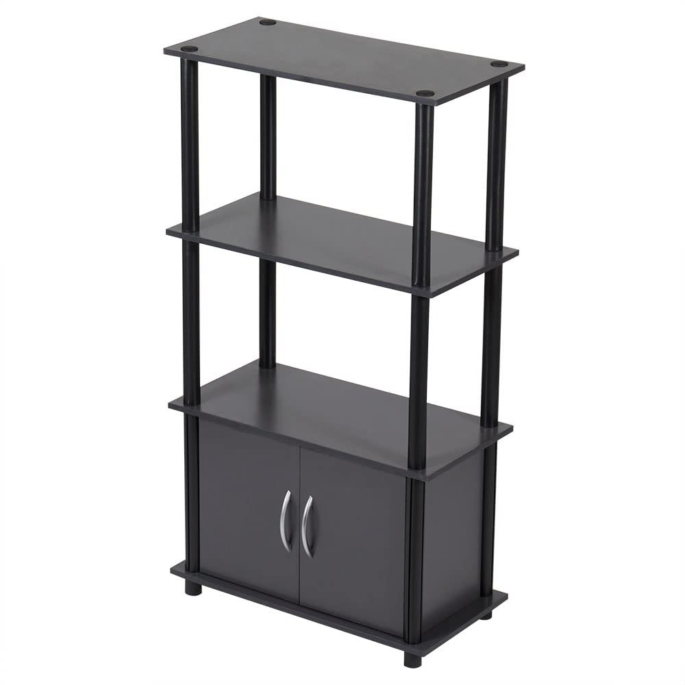 Home Basics 4 Tier Shelf Organizer with Cabinet (Grey) Contemporary Cabinet Shelves for Dcor, Bins, and More | Tall Cabinet Storage Shelf Rack