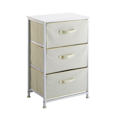 Urban Lifestyle 3 Tier Fabric Drawer Storage Cart with MDF Wood Frame, Cream with White Frame