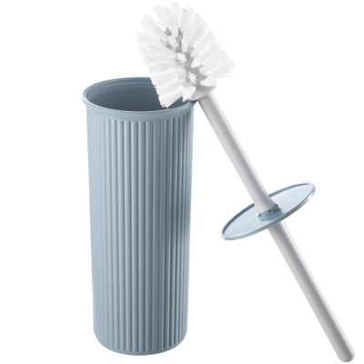 Superio Ribbed Collection - Decorative Plastic Toilet Bowl Brush and Holder Set, Blue (1 Pack) Cleaner Scrubber for Bathroom