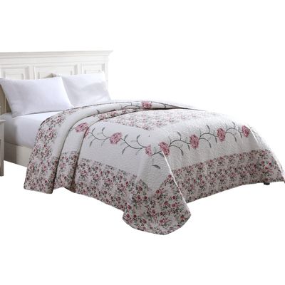 Beatrice Home Fashions Carnation Floral Embroidered Quilted Bedspread, Lightweight, All-Seasons, Queen, Rose