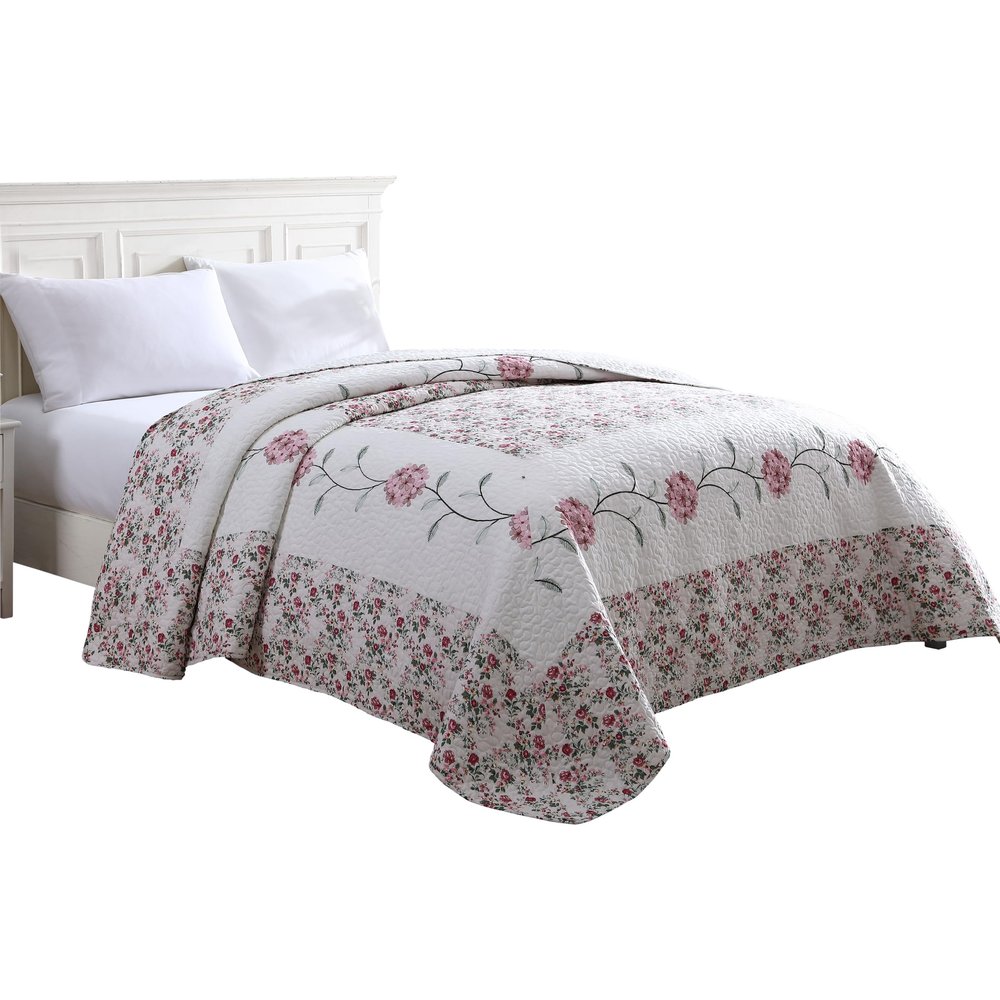 Beatrice Home Fashions Carnation Floral Embroidered Quilted Bedspread, Lightweight, All-Seasons, King, Rose