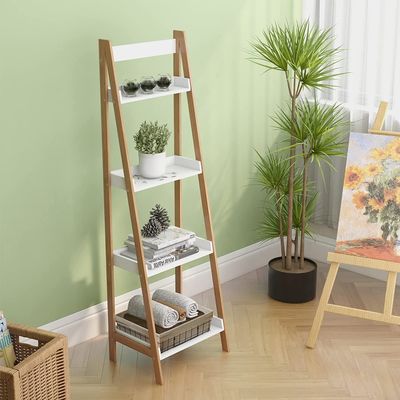 4 Tier White Ladder Shelf Modern Wood Bookshelf Leaning Bookcase Book Shelves for Living Room Bedroom Contemporary Bamboo Finish Certified