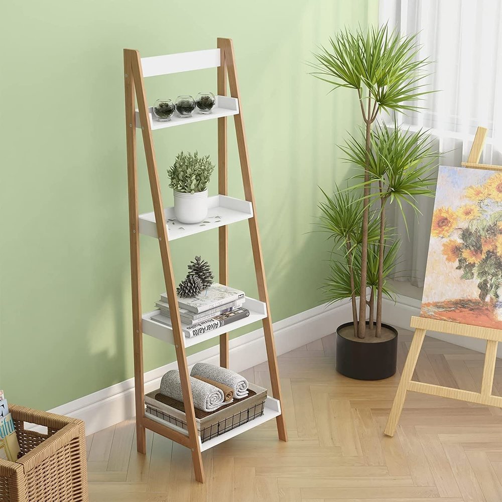 4 Tier White Ladder Shelf Modern Wood Bookshelf Leaning Bookcase Book Shelves for Living Room Bedroom Contemporary Bamboo Finish Certified