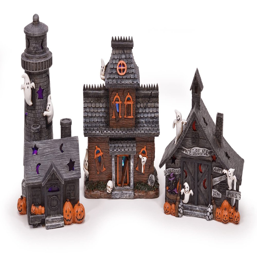 Mark Feldstein & Associates Spooky Halloween Color Changing Pre-Lit LED Haunted House Village Set, 8 Inch, Set of 3