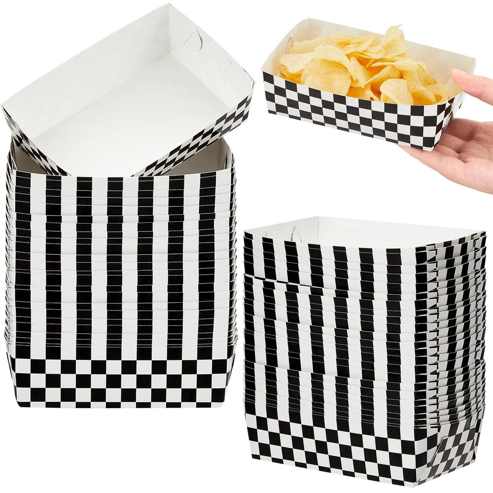 100 Pieces Race Car Checkered Trays, Racing Themed Fast One&two Birthday Decorations for Boys, 2 lb Checkered Paper Plaid Black and White Popcorn Trays Supplies Hot Dog Chips Baskets Small Food Boats
