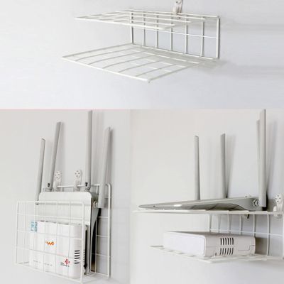 2 Tier Router Shelf Rack Ventilated Metal Mesh Router Wall Mount Modem Shelf WiFi Router Storage Box Cable Box Shelf Equipped with No Trace Nails and Sticky Hook