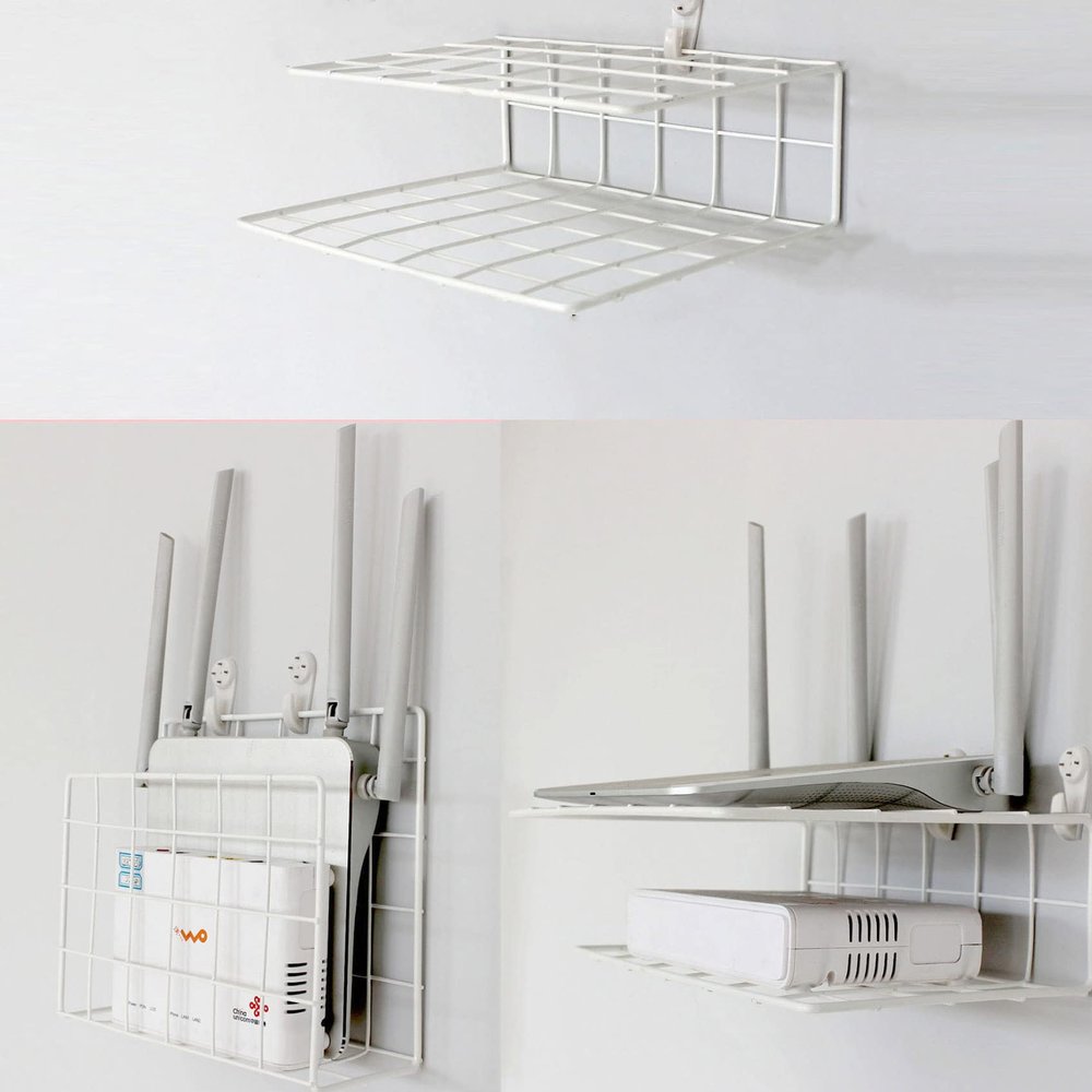 2 Tier Router Shelf Rack Ventilated Metal Mesh Router Wall Mount Modem Shelf WiFi Router Storage Box Cable Box Shelf Equipped with No Trace Nails and Sticky Hook