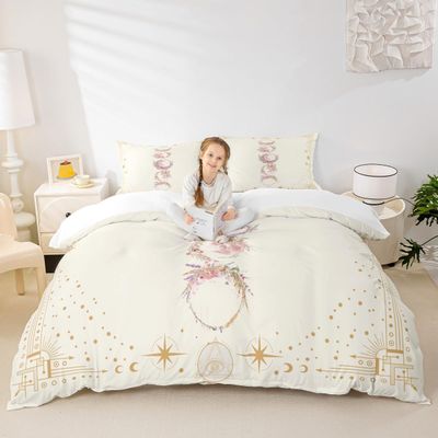 Sun Moon Girly Duvet Cover Set Queen Size,12 Constellation Universe Bedding Set for Kids Teens Adults Home Room Decor,Geometric Line Dots Boho Comforter Cover,Beige Trippy Quilt Cover,2 Pillowcases