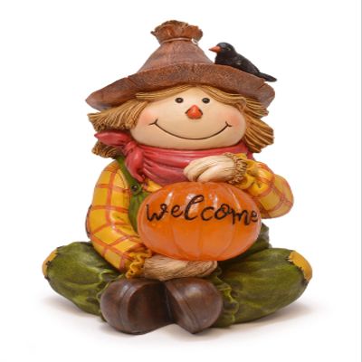 Mark Feldstein & Associates Fall Scarecrow with Pre-Lit LED Welcome Pumpkin Tabletop Figurine, 10 Inch
