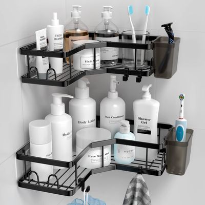 AKTECKE Corner Shower Caddy, 2 Pack Adhesive Shower Corner Organizer Shelves, No Drilling Stainless Steel Shower Storage Rack with Hooks&Toothpaste Holder for Bathroom Kitchen for 90 Corners Only
