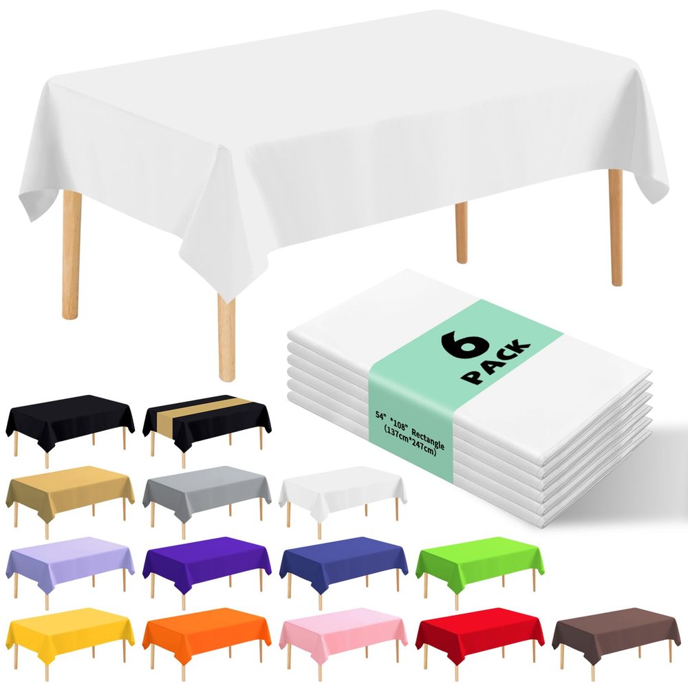 6 Pack Premium Disposable Plastic Tablecloth 54" x 108" Party Table Cloths Disposable for 6 to 8 Foot Tables Indoor or Outdoor Parties Birthdays Weddings Christmas Anniversary Buffet Table (White)