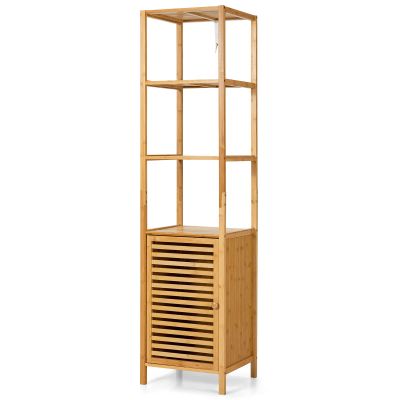 Tangkula Bathroom Cabinet, 65 Inch Tall Slim Bathroom Storage Cabinet with Shutter Door and 3 Open Shelves, Narrow Multifunctional Tower Cabinet, Natural Bamboo, 15.5 x 14.5 x 65 Inch