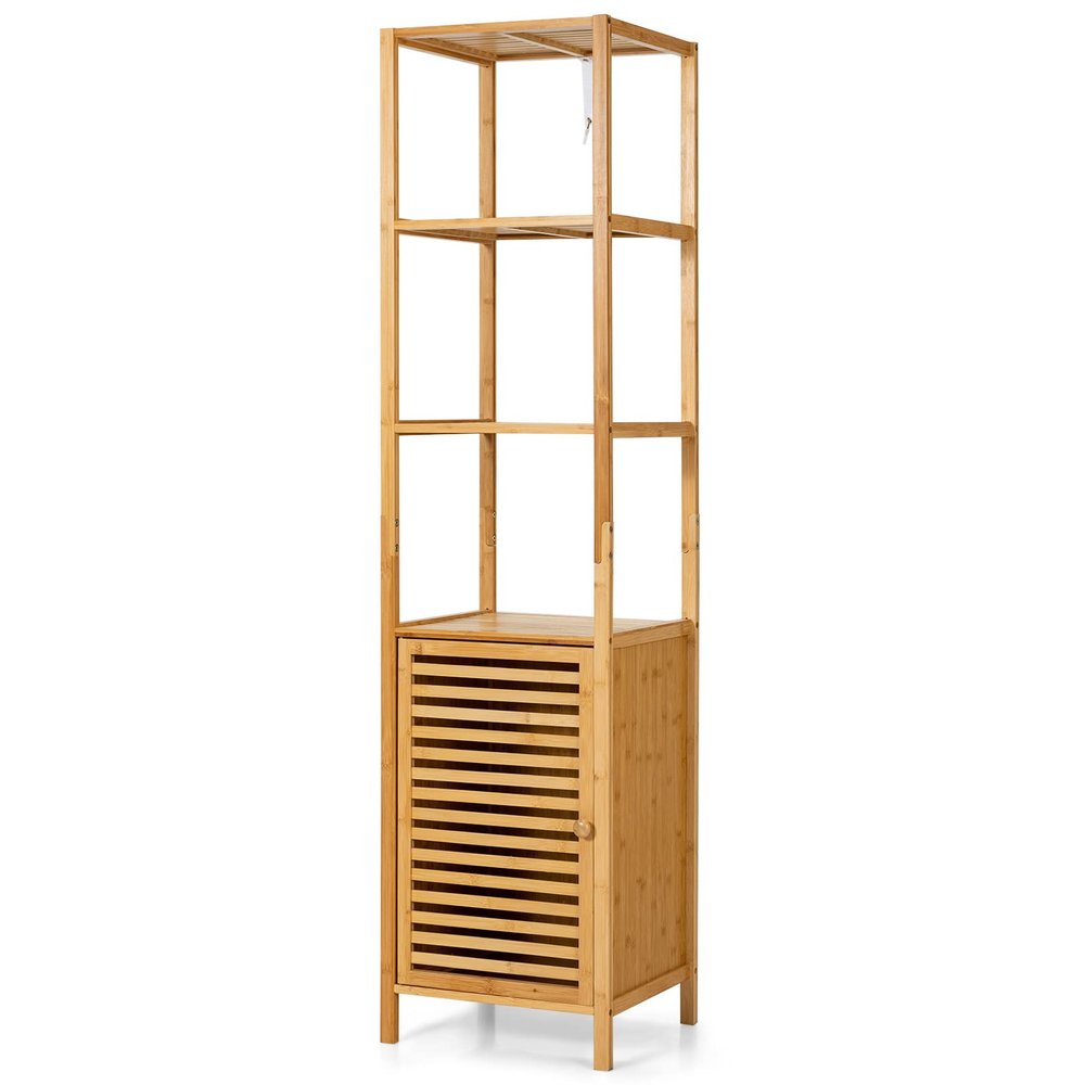 Tangkula Bathroom Cabinet, 65 Inch Tall Slim Bathroom Storage Cabinet with Shutter Door and 3 Open Shelves, Narrow Multifunctional Tower Cabinet, Natural Bamboo, 15.5 x 14.5 x 65 Inch