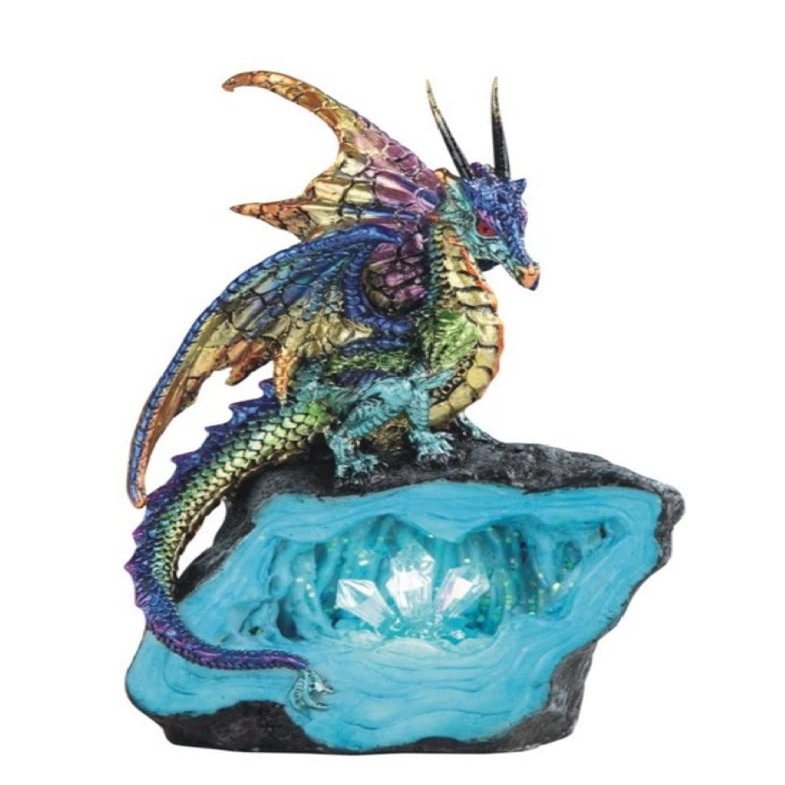 George S. Chen Imports 6.25" H Purple/Green Dragon Guarding Faux Crystal Cave Statue with LED Light Fantasy Decoration Figurine (GSC71770)