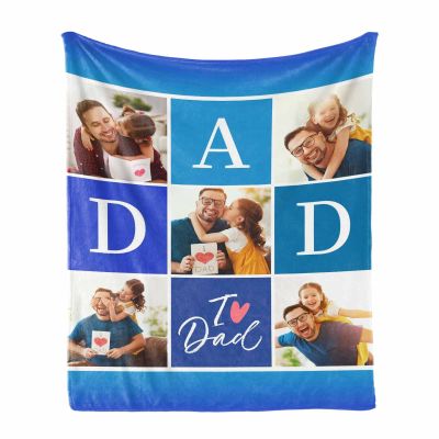 I Love Dad Custom Blanket with Photo Collage Gifts to Dad from Wife Daughter/Son, Personalized Family Photow with Dad Blanket Soft and Throw Blankets 60" x 80" (Blue, Made in USA)