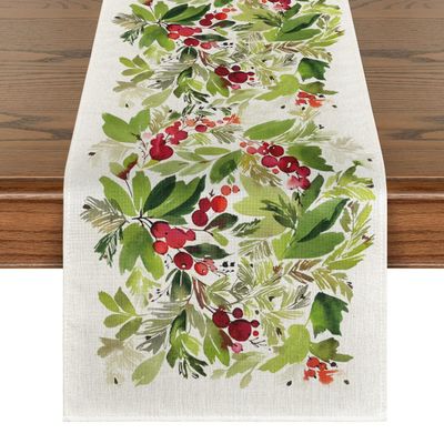 Artoid Mode Watercolor Holly Christmas Table Runner, Seasonal Winter Xmas Holiday Kitchen Dining Table Decoration for Indoor Outdoor Home Party Decor 13 x 90 Inch