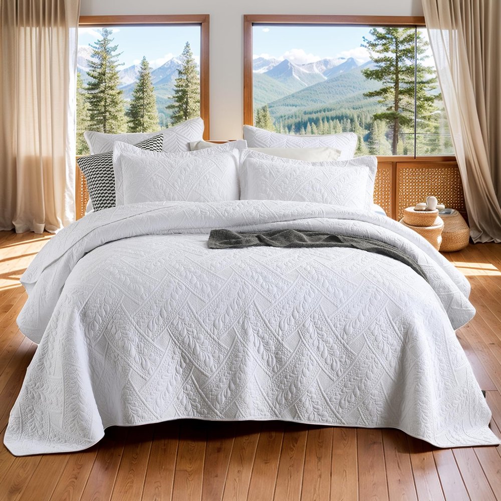 Brandream White Quilts Queen Size Quilt Set Cotton Luxury Matelasse Coverlet Set Modern Farmhouse Quilted Comforter Set 3-Piece