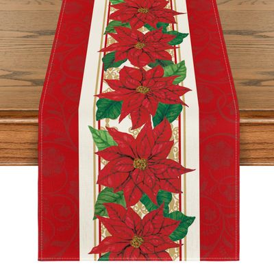 Artoid Mode Watercolor Poinsettia Red Christmas Table Runner, Seasonal Winter Xmas Holiday Kitchen Dining Table Decoration for Indoor Outdoor Home Party Decor 13 x 90 Inch