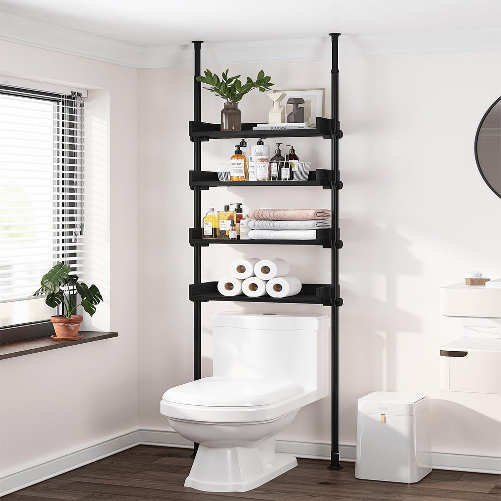 ALLZONE 4 Tier Over The Toilet Storage, Adjustable Wood Over Toilet Bathroom Organizer, Freestanding Shelves, Fit Most Showers Over The Toilet Shelf, 92 to 116 Inch Tall, Black