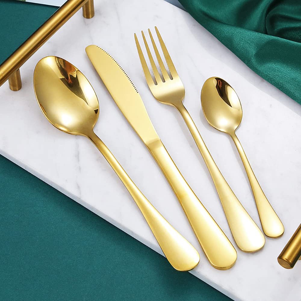 16 Piece Gold Silverware Set for 4 Stainless Steel Flatware Sets Include Knife Fork Spoon Teaspoon Home Kitchen Cutlery Utensil Mirror Polished