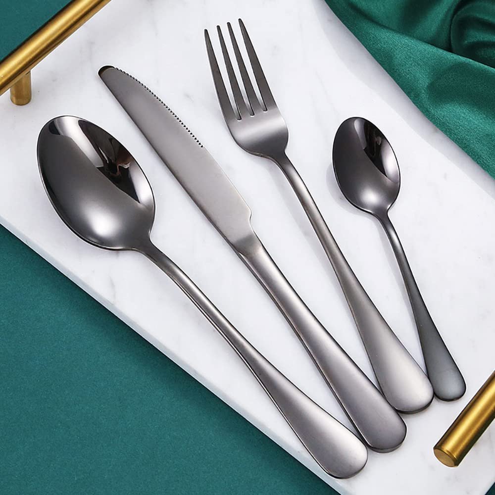 16 Piece Black Silverware Set for 4 Stainless Steel Flatware Sets Include Knife Fork Spoon Teaspoon Home Kitchen Cutlery Utensil Mirror Polished