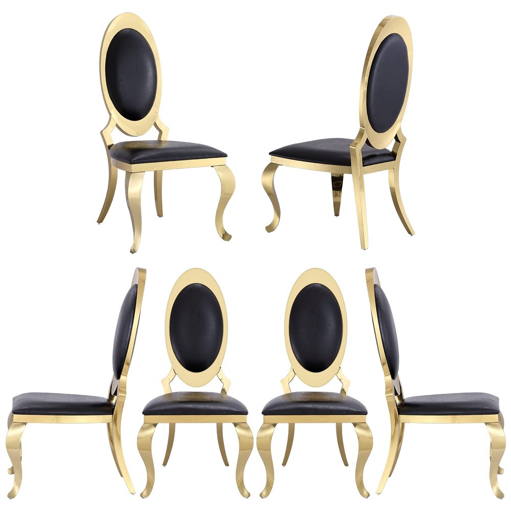 ACEDCOR Black Leather Dining Chairs, Classic King Louis Upholstered Chairs, Luxurious Polished Gold Oval Back and Legs, Mid-Centure Modern (Set of 6)