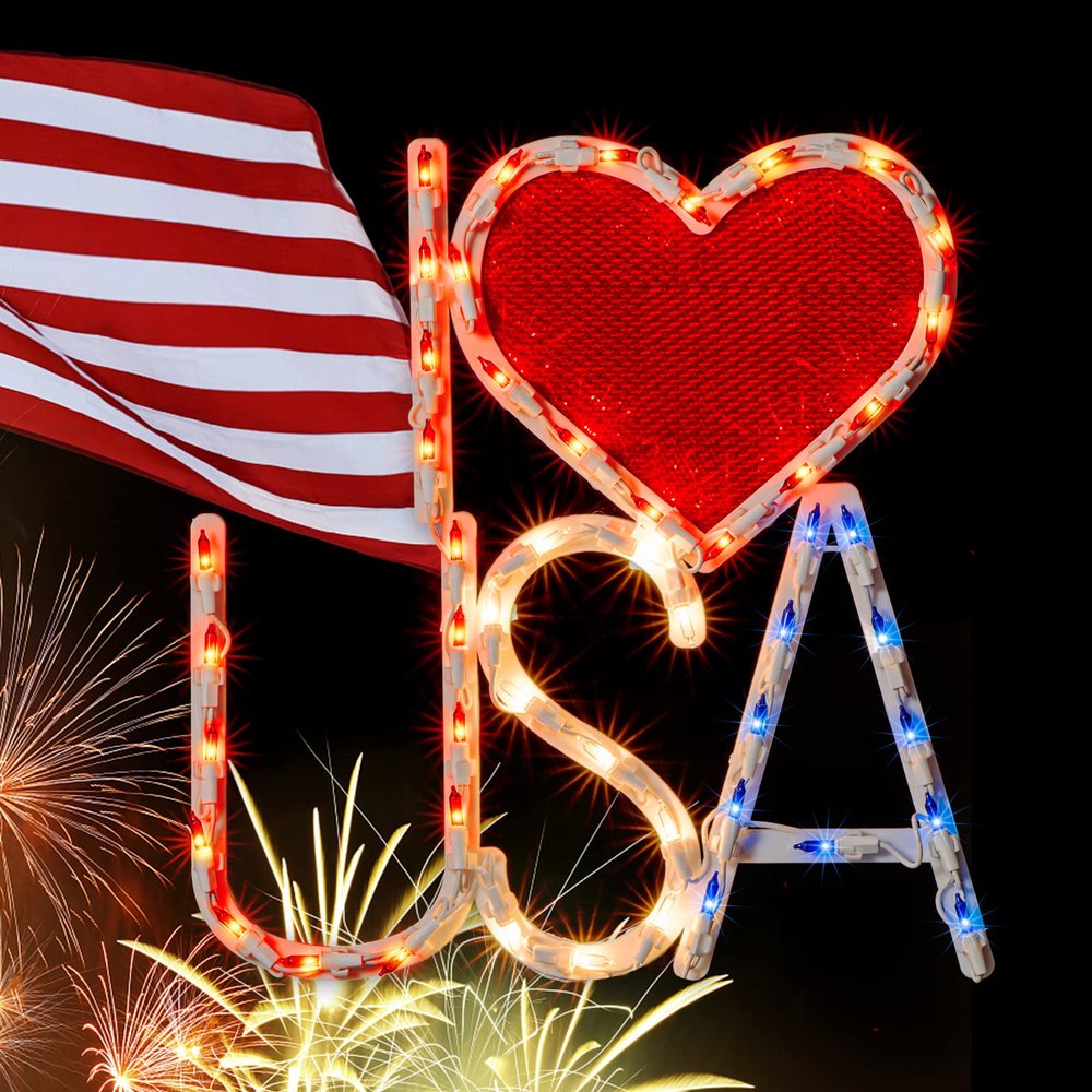 GLOWNOVA 50L Lighted Red, White and Blue Patriotic Window Silhouette Decoration Independence Day Sculpture: I Love USA
