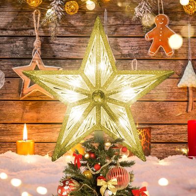 GLOWNOVA Star Christmas Tree Topper, 8 in UL Listed 3D Star Tree Topper Lights, Double Sided Christmas Tree-top with 10 LED White Lights for Xmas Tree New Year Home Decor, Silver