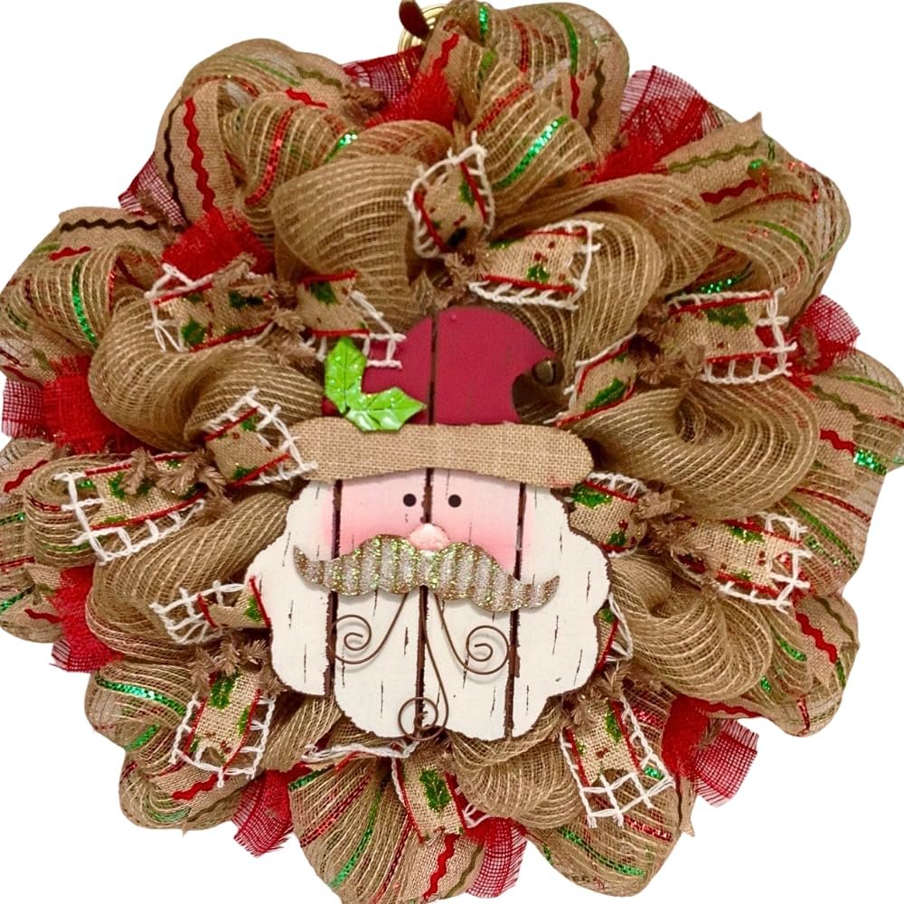 Adorable Wood Santa with Metal Whiskers Deco Mesh Christmas Wreath. Available in 24 inch and 28 inch diameters.
