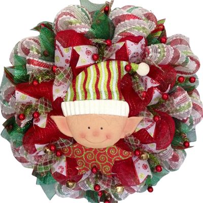 Christmas Elf with Jingling Bells Handmade Deco Holiday Wreath. Available in 24 inch and 28 inch diameters