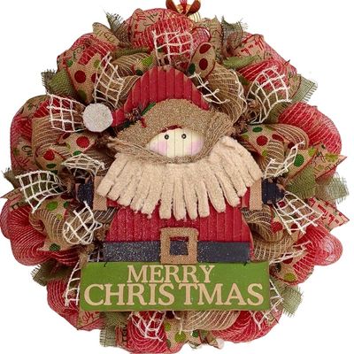 Country Rustic Santa Merry Christmas Deco Mesh Wreath. Available in 24 inch and 28 inch diameters.