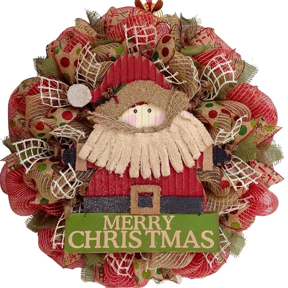 Country Rustic Santa Merry Christmas Deco Mesh Wreath. Available in 24 inch and 28 inch diameters.