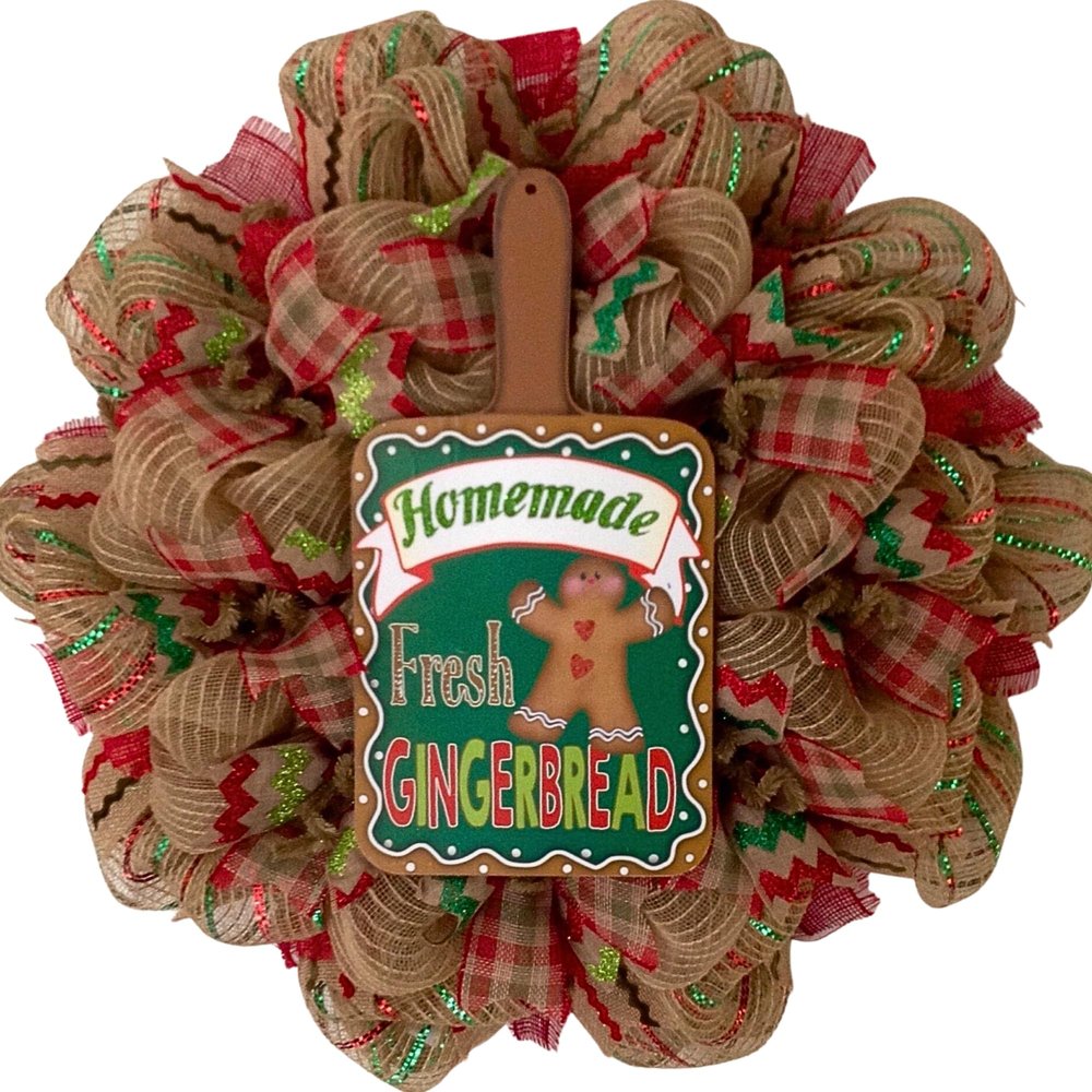 Homemade Fresh Gingerbread Christmas Wreath Handmade Deco Mesh. Available in 24 inch and 28 inch diameters