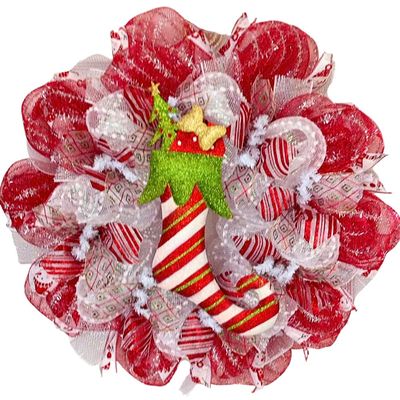 Elf Candy Cane Stocking Christmas Deco Mesh Wreath