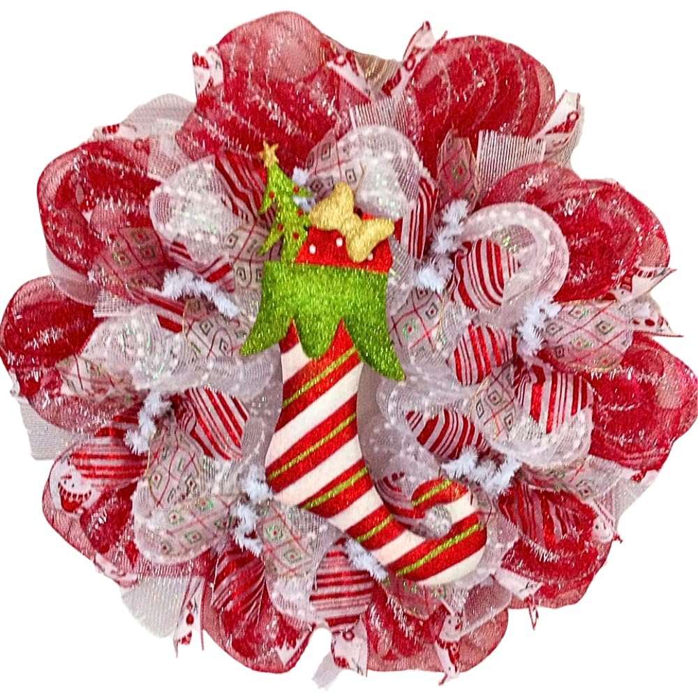 Elf Candy Cane Stocking Christmas Deco Mesh Wreath