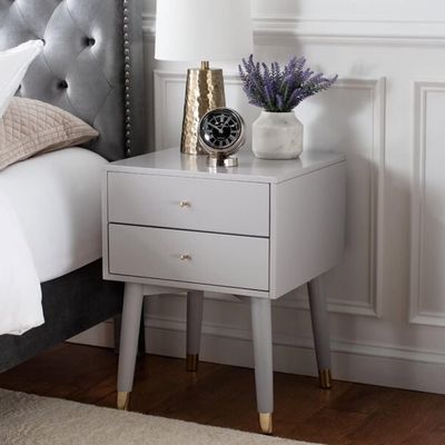 Aesthetic Gray Mid Century Modern Nightstand, 24'' H X 18'' W X 18'' D Size, Flared Legs, Sleek Metal Foot Caps, Crafted from Manufactured Wood | All Season Solid Glossy Finish, Pretty Gold Shade