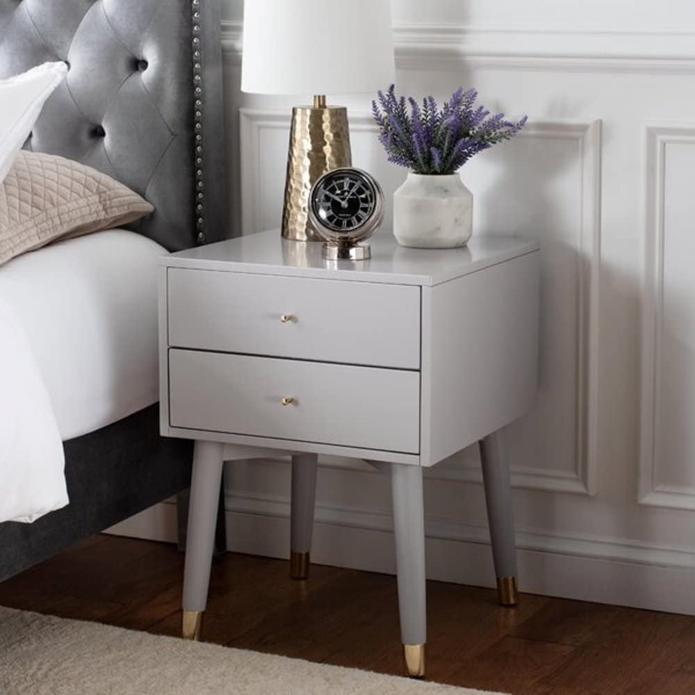 Aesthetic Gray Mid Century Modern Nightstand, 24'' H X 18'' W X 18'' D Size, Flared Legs, Sleek Metal Foot Caps, Crafted from Manufactured Wood | All Season Solid Glossy Finish, Pretty Gold Shade