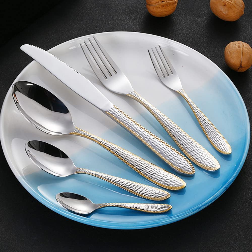 24 Piece Hammered Silverware Set for 4 Flatware Sets Eating Home Kitchen Set for Cutlery Include Knife Fork Spoon Teaspoon Tea Fork Coffee Spoon Mirror Polished