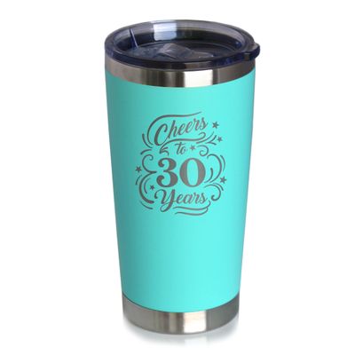 Bevvee Cheers to 30 Years - Insulated Coffee Tumbler Cup with Sliding Lid - Stainless Steel Insulated Mug - Gift for 30th Anniversary - Teal
