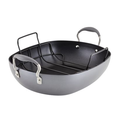 Anolon Advanced Hard Anodized Nonstick 2 Piece Roaster/Roasting Pan with Wire Rack, Oval, 16 Inch x 13 Inch, Dark Gray