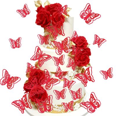40 PCS Laser Cut Butterfly Cupcake Toppers - 3D Butterfly Cake Decorations for Fairy Theme Baby Shower Wedding Kids Birthday Party Wall Sticker Decorations Supplies Red