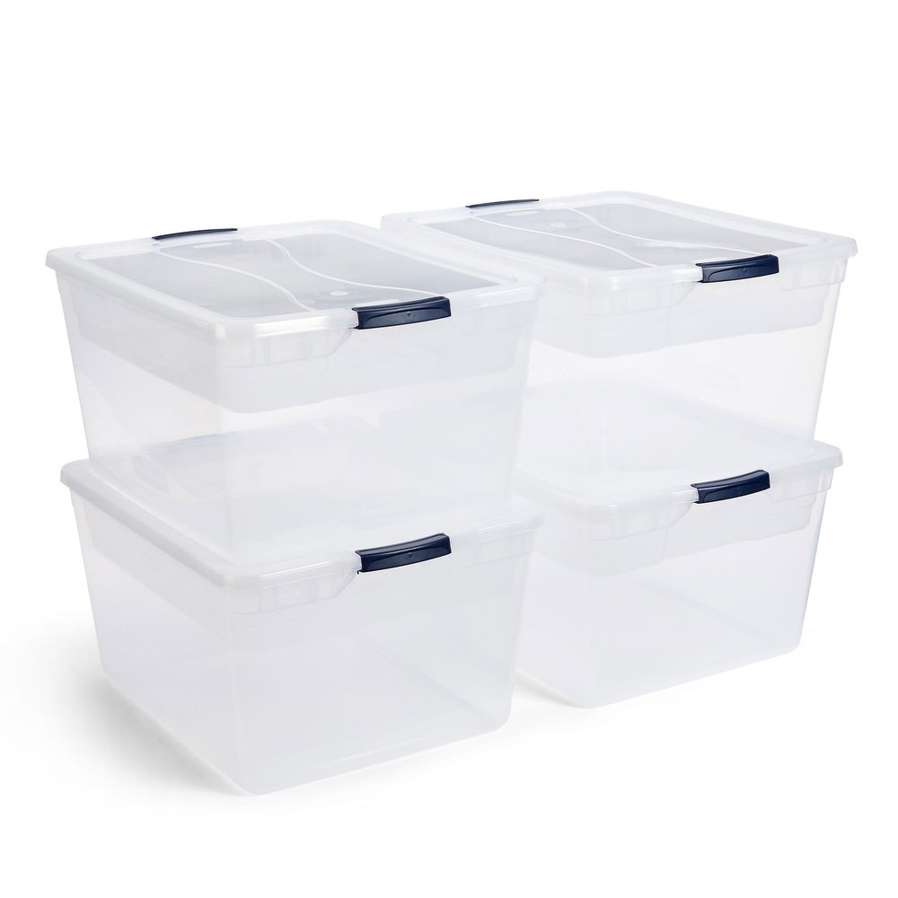 Rubbermaid Cleverstore 74 Qt Clear Storage Bins with Lids and Nesting Tray, 4-Pack, Stackable, BPA-Free, Made in USA