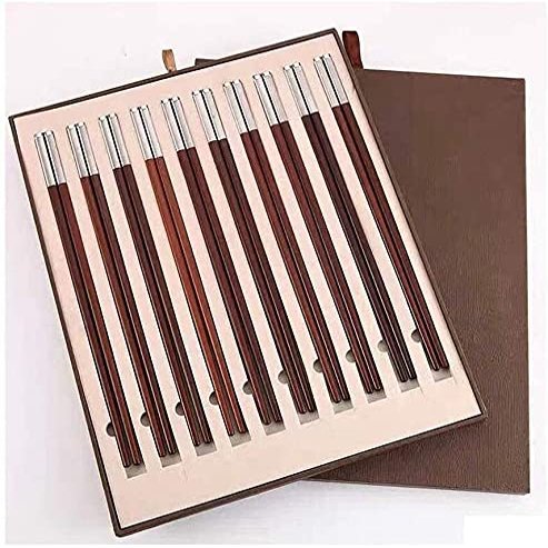 Chopsticks reusable Anti-slip dishwasher safe Redwood Stainless Steel Chopsticks Set 10 Pairs, Foggy Silver Solid Wood, No Paint, No Wax, 26cm Chopsticks