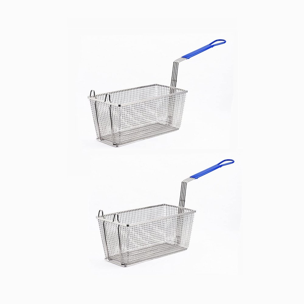 TOMYEUS French Fry Chips Baskets Thickened Stainless Steel Frying Basket with Blue Handle Reinforced French Fries Basket Multi-Purpose Rectangular Fry Basket-2 Packs Kitchen Cooking Tools