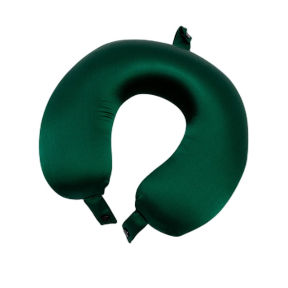 100% Mulberry Silk Neck Pillow for Travel 22 Momme Real Silk Travel Pillow for Pain Relief Sleeping, Silk Airplane Pillow, Anti Wrinkle Travel Pillow Made in USA (Emerald Green)