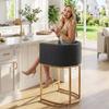 HNY Charcoal Modern Barrel Counter Height Bar Stool, 24 Inch Linen Kitchen Barstool with Back for Island, with Gold Metal Tubular Frame view 1