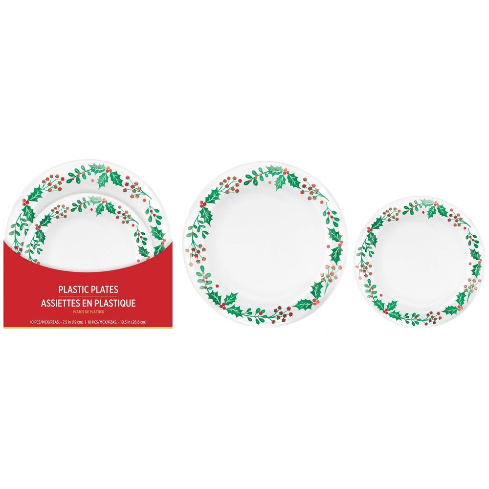 Amscan White Holly Printed Plastic Plates Multipack - Includes: 10 (7.5") & 10 (10.5") Plates - Elegant Design, Perfect Tableware for Holiday Entertaining, Outdoors Dining, & More