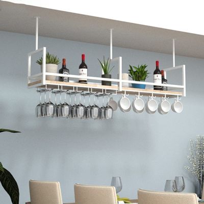 Pipi Zhu Hanging Wine Glass Rack - Ceiling Floating Shelf, Wall Mounted Solid Wood Storage Rack/Decorative Rack/Wall Shelf, Wrought Iron Glass Holder/Display Stand with Guard Rails, Bearing 70kg