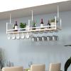 Pipi Zhu Hanging Wine Glass Rack - Ceiling Floating Shelf, Wall Mounted Solid Wood Storage Rack/Decorative Rack/Wall Shelf, Wrought Iron Glass Holder/Display Stand with Guard Rails, Bearing 70kg view 3
